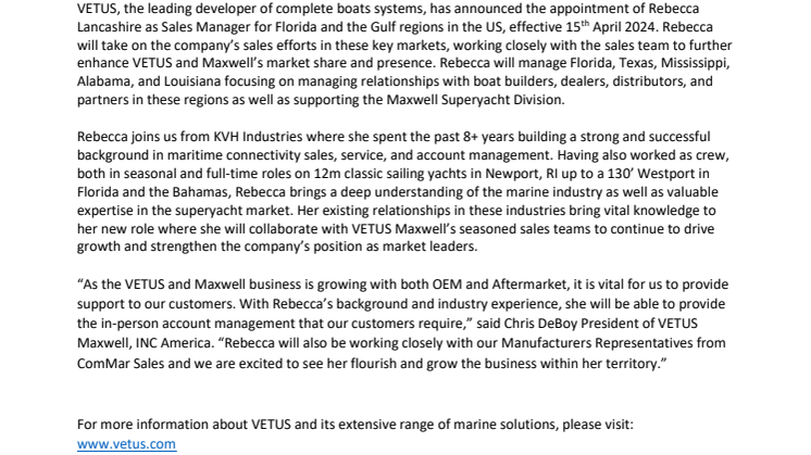 VETUS Maxwell, Inc Appoints Rebecca Lancashire as Sales Manager for Florida and the Gulf Regions in the US.pdf