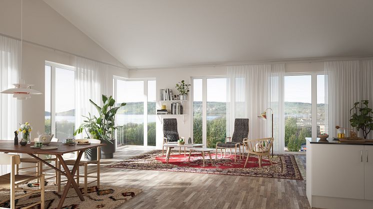 Stora ljusinsläpp präglar en takvåning i ett av Panoramahusen med utsikt över sjön Aspen. Illustration: Zynka Visual