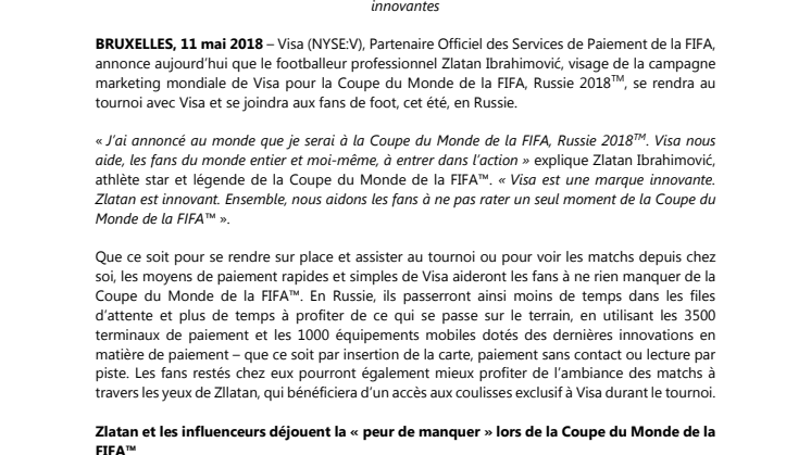 Zlatan Ibrahimović ira avec Visa à la Coupe du Monde de la FIFA, Russie 2018