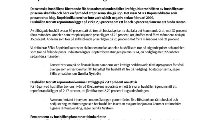 Hälften av hushållen tror på fallande bostadspriser - SEB:s Boprisindikator faller kraftigt