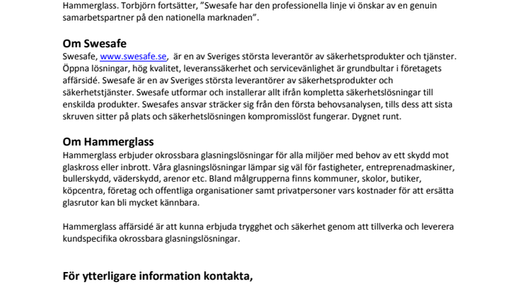 Swesafe ingår samarbetsavtal med Hammerglass AB