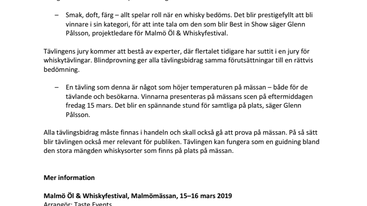 Bästa whiskyn prisas på Malmö Öl & Whiskyfestival 15–16 mars 2019