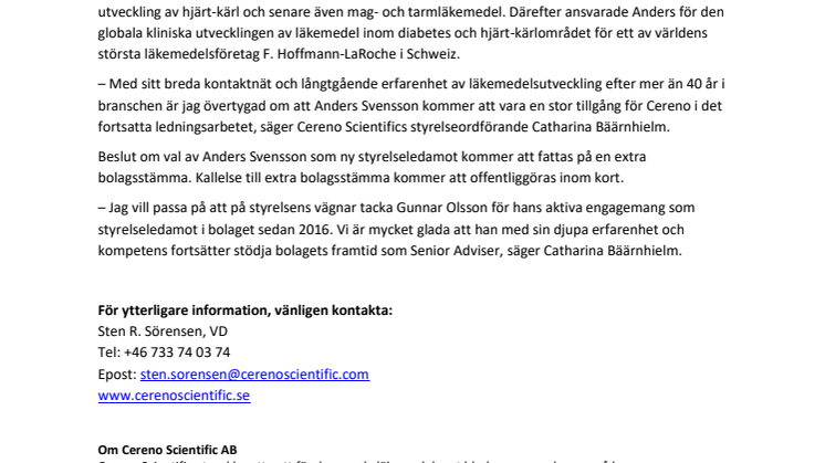 Anders Svensson föreslås som ny styrelseledamot i Cereno Scientific