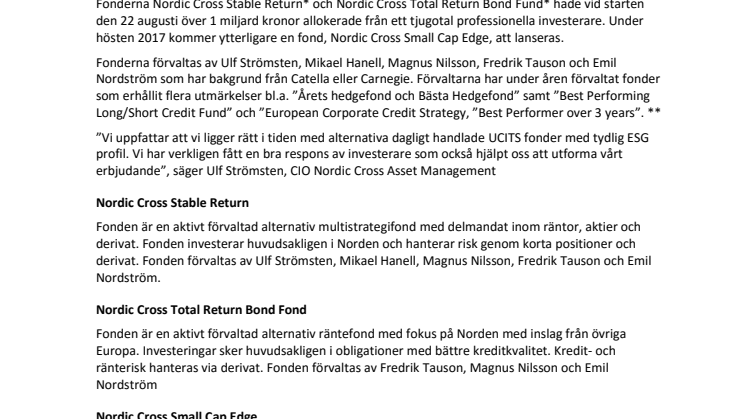 Nordic Cross två fonder startar med över en miljard i förvaltat kapital