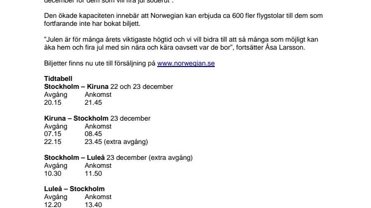 Norwegian ökar kapaciteten till Kiruna och Luleå inför julen