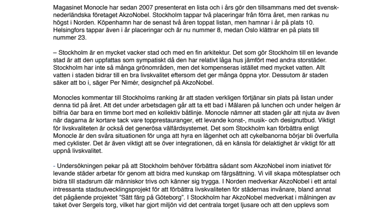 Stockholm är Nordens bästa stad att leva i och den sjätte bästa i världen
