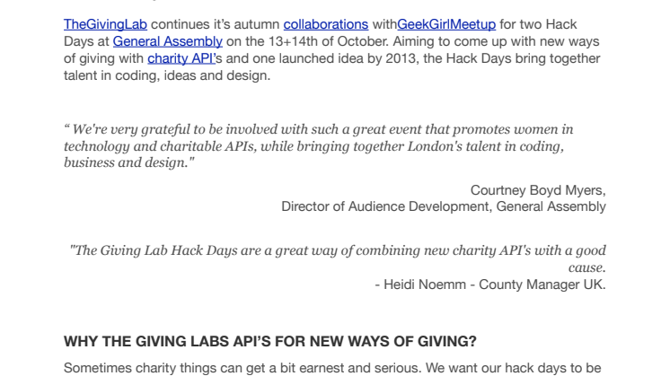 GeekGirlMeetup & The GivingLab do Hack Days – aim to find new ways of giving with API’s