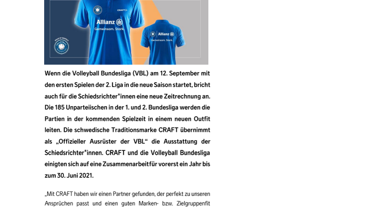 Craft wird „offizieller Ausrüster“ der Volleyball Bundesliga
