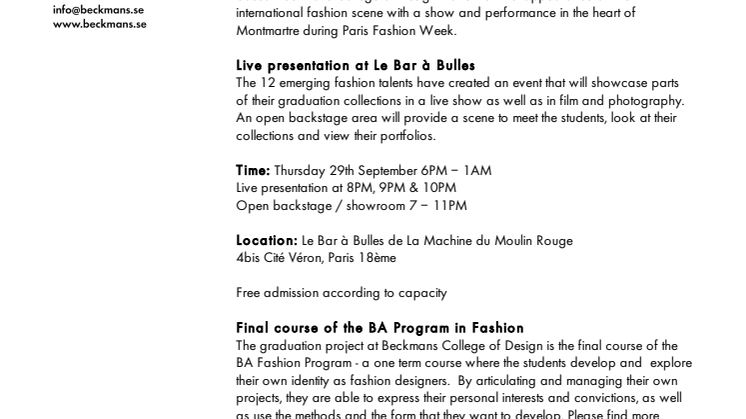 Beckmans College of Design at Paris Fashion Week