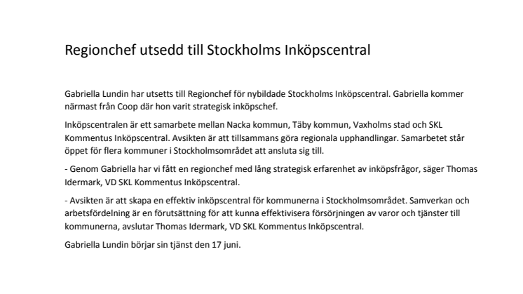 Regionchef utsedd till Stockholms Inköpscentral