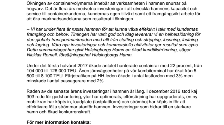 ​Helsingborgs Hamn ökade containervolymerna med 22 procent första halvåret 2017