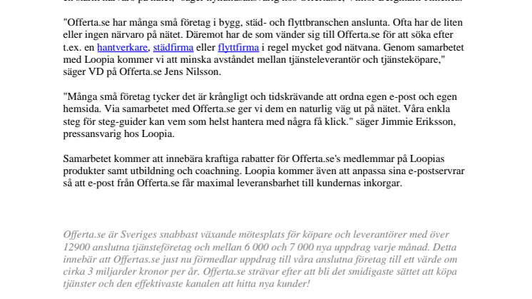 Offerta.se inleder samarbete med Loopia för att öka nätambitioner hos småföretag