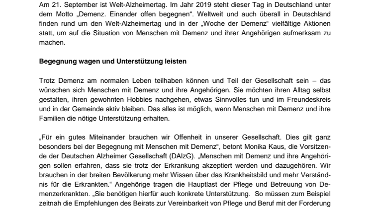 „Demenz. Einander offen begegnen“ - Gemeinsame Pressemitteilung von DAlzG, DGGPP und Hirnliga zum Welt-Alzheimertag