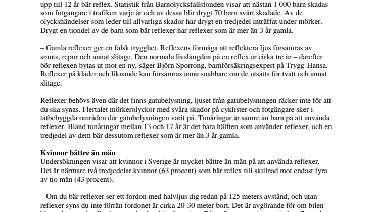 Endast hälften av vuxna svenskar bär reflex