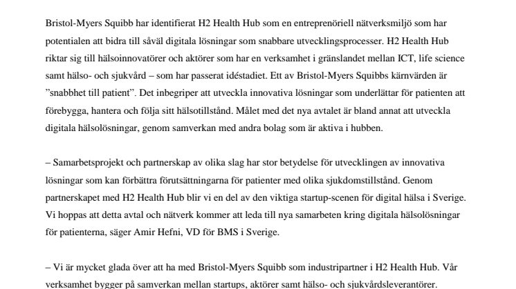 Bristol-Myers Squibb blir ny partner till innovationsdrivna H2 Health Hub 