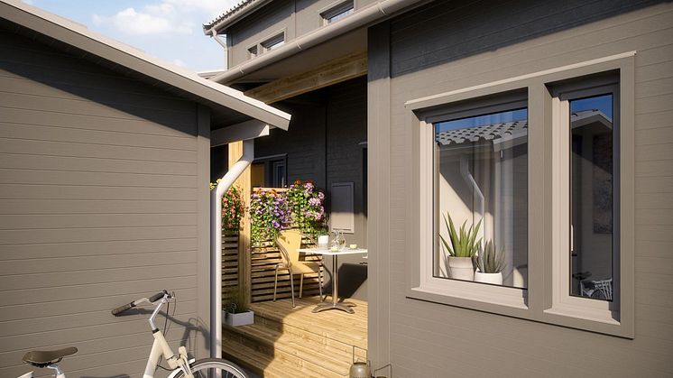 Brf Skriftställaren - 3D-bild av framsida parhus