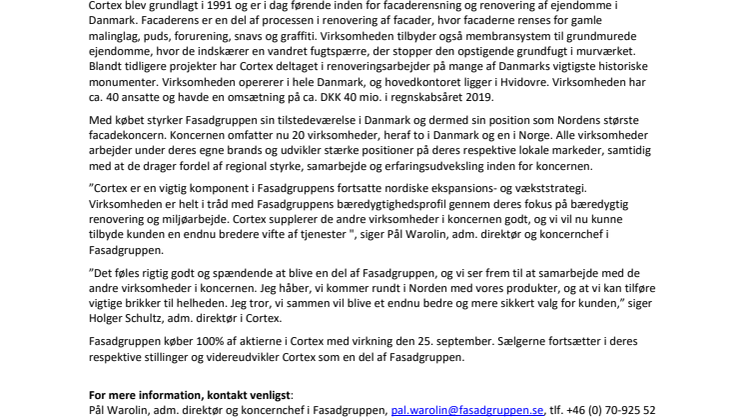 Fasadgruppen expanderar i Danmark genom förvärv av Cortex 