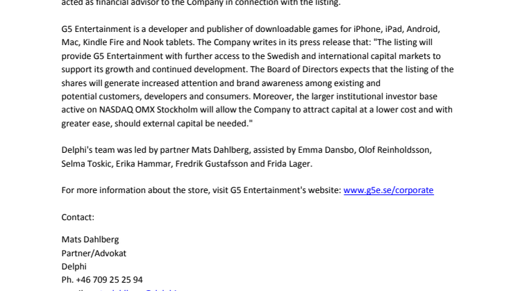 Delphi advisor to G5 Entertainment AB (publ.) when listing on NASDAQ OMX Small Cap list