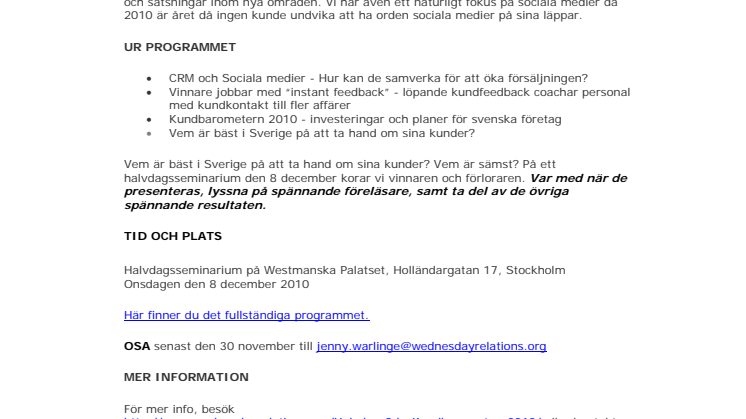 PRESSINBJUDAN: BÄST I KLASSEN PÅ KUNDRELATIONER