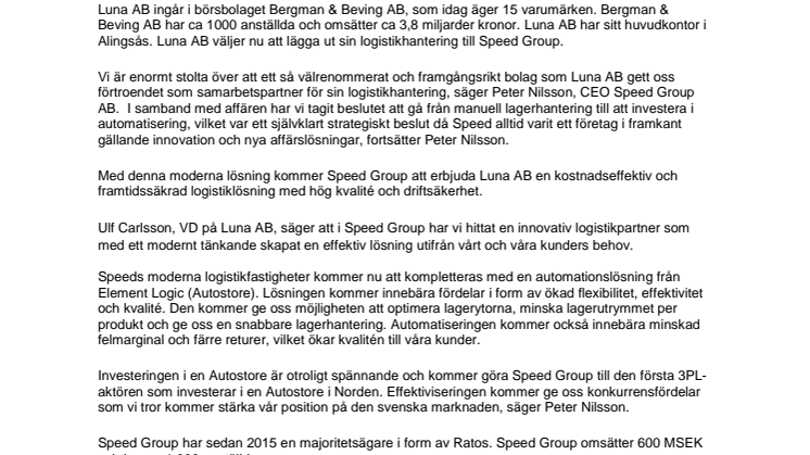 Speed Group skriver samarbetsavtal med Luna AB och investerar i en Autostore i Göteborg