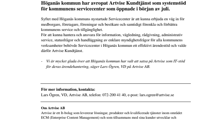 Artvise får order från Höganäs kommun gällande Artvise Kundtjänst!