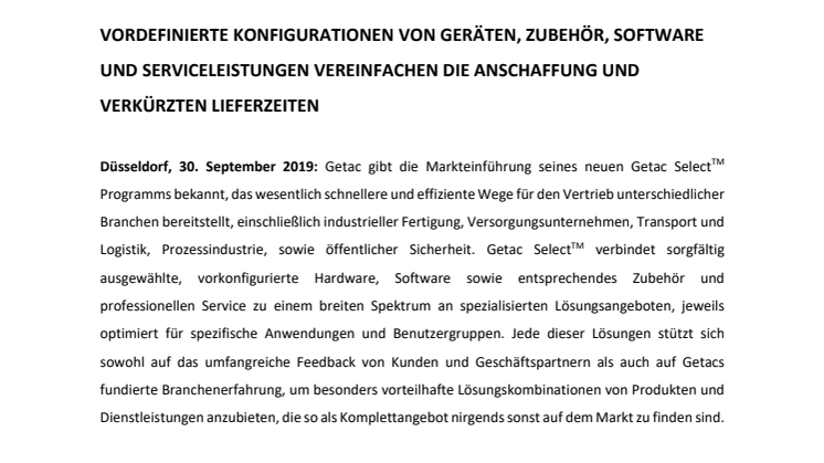 ​GETAC SELECT TM OPTIMIERT VERTRIEBSANGEBOT MIT NEUEN GESAMTLÖSUNGEN – AUF DER GRUNDLAGE VON SCHLÜSSELAPPLIKATIONEN UND BENUTZERGRUPPEN