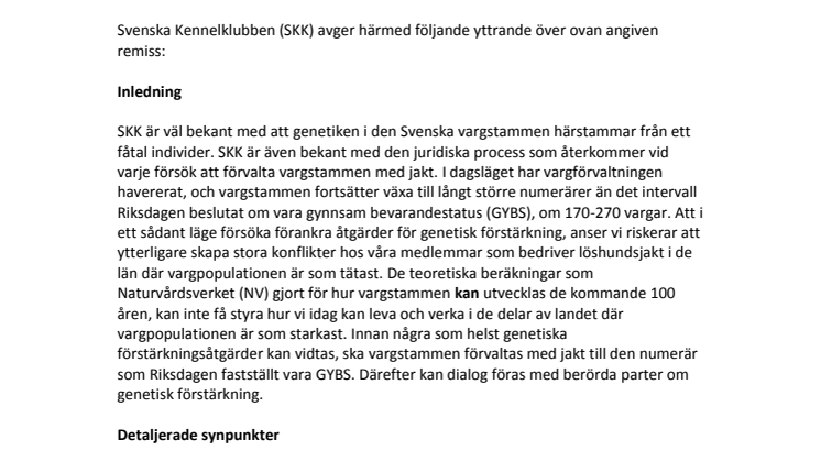 Remissvar på Naturvårdsverkets förslag om genetisk förstärkning av vargstammen