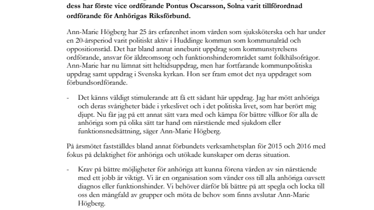 Ann-Marie Högberg vald till ny ordförande för Anhörigas Riksförbund