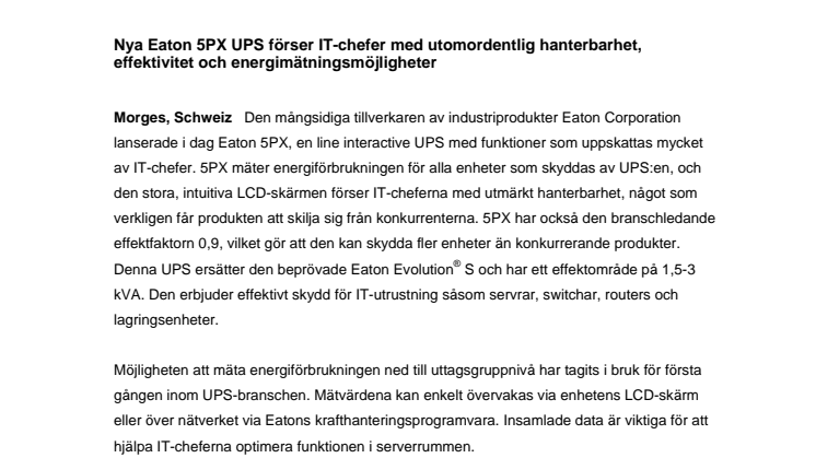 En ny generation Eaton Ellipse ECO UPS ger avsevärda energibesparingar