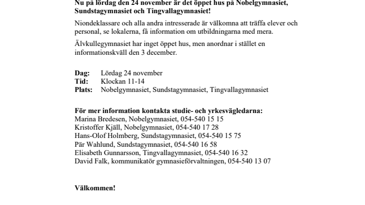 Pressinbjudan - Öppet hus på gymnasieskolorna