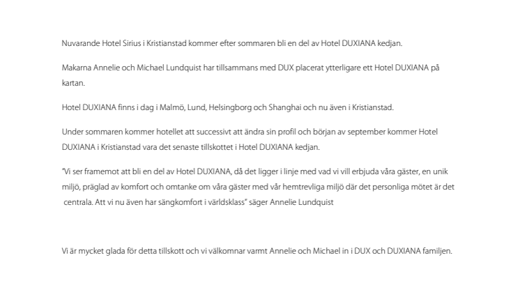 Hotel DUXIANA öppnar dörrarna i Kristianstad