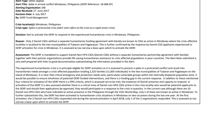 Alert Note: Spike in armed conflict Mindanao, Philippines (18-008-SP) (Not Activated)