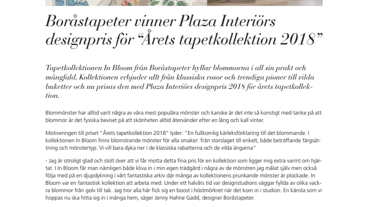 Boråstapeter vinner Plaza Interiörs designpris för “Årets tapetkollektion 2018”
