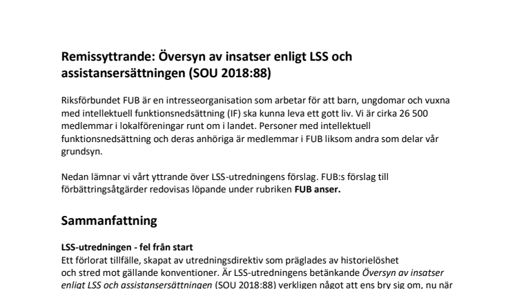 FUB:s remissyttrande LSS-utredningen 2020 Översyn av insatser enligt LSS och assistansersättningen (SOU 2018:88)