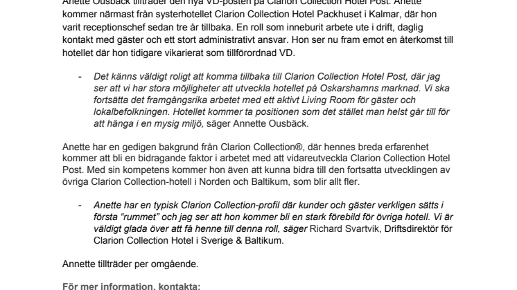 Clarion Collection®-veteran återvänder till tidigare VD-post