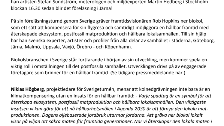 Stefan Sundström –Jag pissar på kolet och grönsakerna tackar! Kl 16.30 idag möter han, Pella Larsdotter Thiel och miljöexperten Martin Hedberg Omställningsnätverkets grundare Rob Hopkins i Stockholm och gräver ner biokol för en hållbar framtid.
