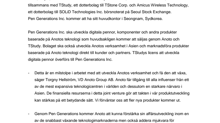 Anoto etablerar ett joint venture i Asien för produkt- och affärsutveckling