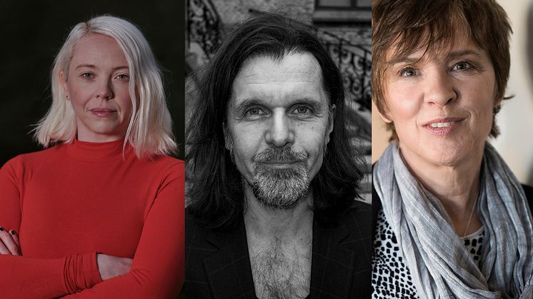 Emma Nordlander, Kennet Klemets och Kerstin Lundberg Hahn är årets mottagare av författarstipendierna. Foto: Alice Johansson, Cato Lein, Göran Segeholm.