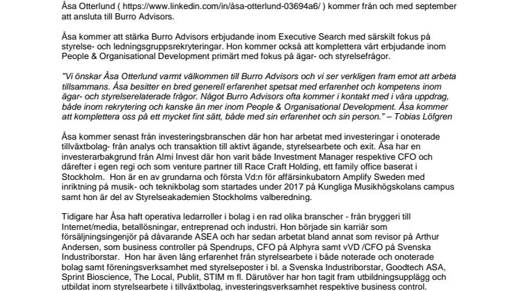 Åsa Otterlund ny Partner på Burro Advisors
