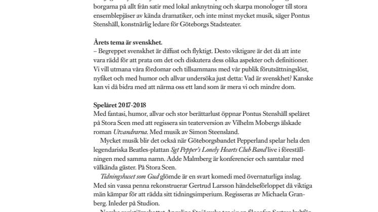 Göteborgs Stadsteater presenterar teateråret 2017-2018