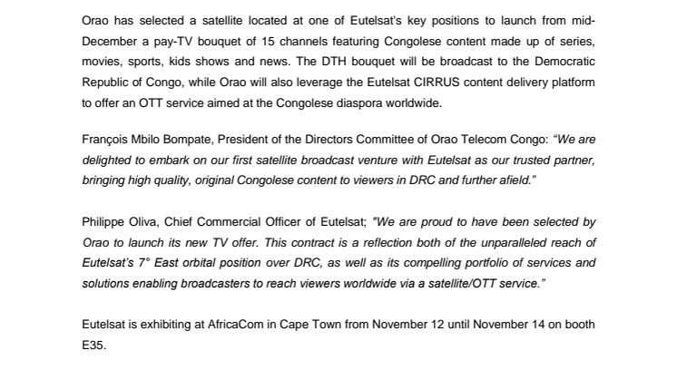 Eutelsat announces first signing of Eutelsat CIRRUS solution on the African continent with Orao Telecom Congo 