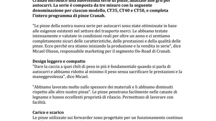 Cranab lancia la nuova serie di pinze per autocarri