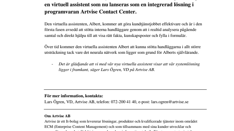 Artvise lanserar virtuell assistent i Contact Center!