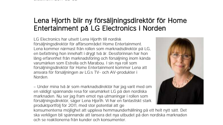 Lena Hjorth blir ny försäljningsdirektör för Home Entertainment på LG Electronics i Norden