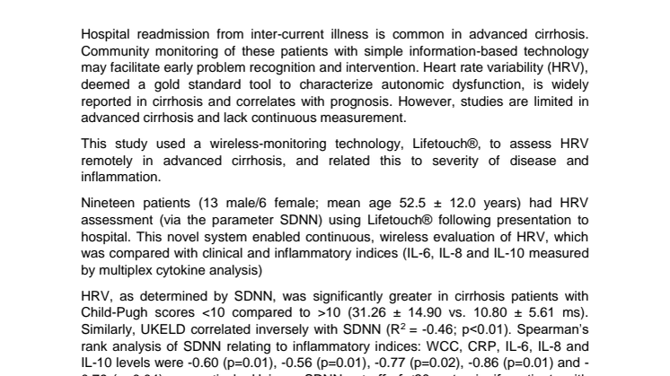 LIFETOUCH®: A novel remote monitoring device to identify patients with advanced cirrhosis most at risk of decompensation - a proof of concept study