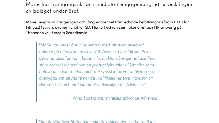 Tf VD Marie Bengtsson blir VD för Advenica