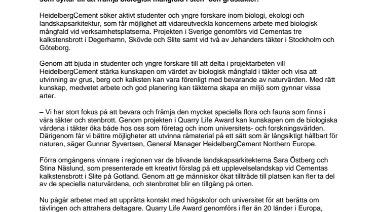 Cementa och Jehander bjuder in unga forskare till arbete kring biologisk mångfald