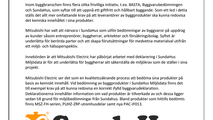 Mitsubishi Electric kvalitetsäkras av SundaHus