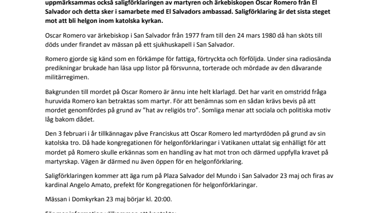 Pingstvigilia med tacksägelse för saligförklaringen av Oscar Romero i Katolska Domkyrkan 23 maj