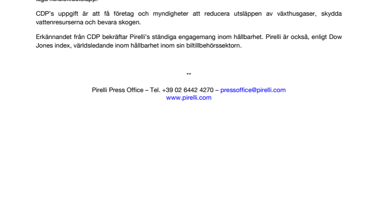 PIRELLI LEDANDE I ÅTGÄRDER MOT KLIMATFÖRÄNDRINGAR ENLIGT CDP